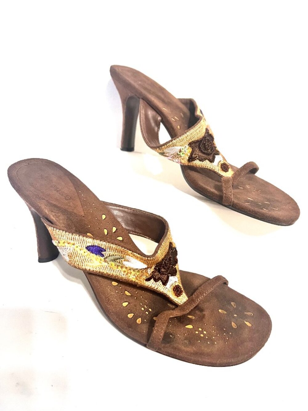 Doll House Slip On 3 1/2" Heels-Sequin/Beaded-Size 9-Brown/Gold/Purple-Dressy